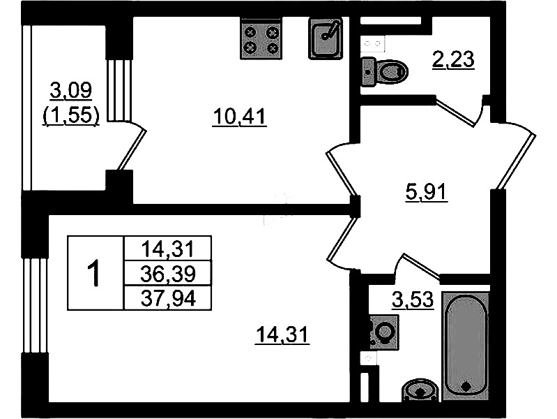 1-комнатная квартира 37.94 м², 2/4 эт., ЖК «Новая история»